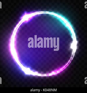 Night Club Neon Sign. Techno Frame with Glowing and Light on Transparent Background. Electric Banner Design on Dark Blue Backdrop. Neon Abstract Circle with Flares and Sparkles. 3d Vector Illustration Stock Vector