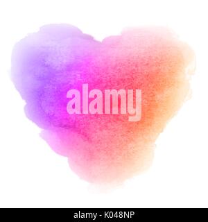 Watercolor gradient violet pink orange hand drawn paper texture isolated heart shaped stain on white background for valentines day. Abstract aquarelle vector illustration. Wet brush romantic painting. Stock Vector