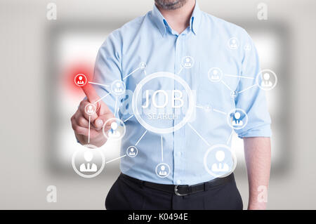 Male entrepreneur hand pressing on abstract digital icons for online job search Stock Photo