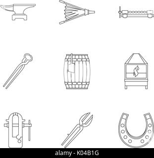 Blacksmith equipment icon set, outline style Stock Vector