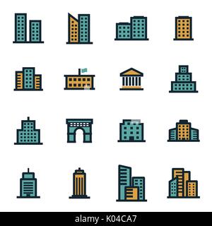 Vector flat buildings icons set Stock Vector