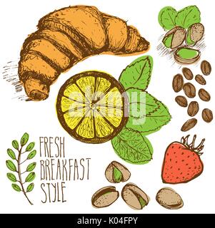 Sketched breakfast seamless background with croissant, lemon and berries. Drawned on white paper. Stock Vector