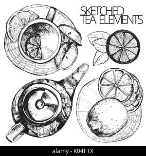 Tea hand draw set - teapot, cup and spoon with lemons, limes. Isolated collection on white background Stock Vector