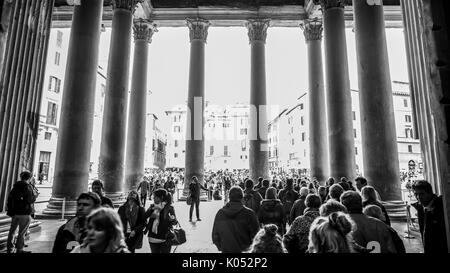 Leaving the Pantheon with its famous columns in the historic district of Rome - ROME / ITALY - NOVEMBER 6, 2016 Stock Photo