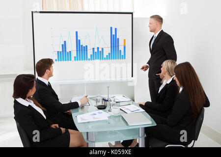 Businessman giving presentation on projector screen to colleagues in office Stock Photo