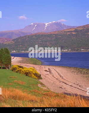 Lovely spring view towards Ben Nevis and Fort William from across Loch Eil, Lochaber, Western Scotland Stock Photo