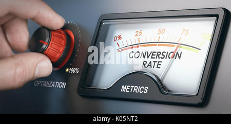 Hand turning optimization knob up to 100 percent and dial indicating conversion rate metrics. CRO concept. Composite image between a hand photography  Stock Photo