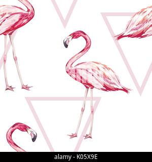 Seamless pattern with tropical Flamingo. Element for design of invitations, movie posters, fabrics and other objects. Isolated on white. Geometry set. Vector EPS 10 Stock Vector
