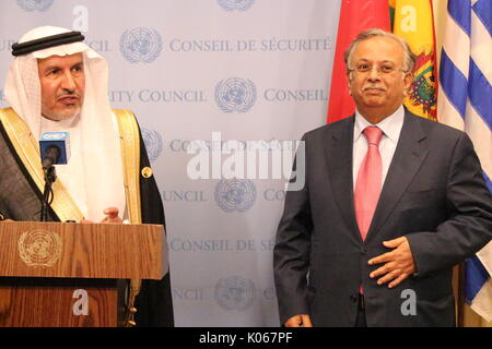 UN, New York, USA. 21st August, 2017. Saudi Arabia's UN Ambassador Al-Mouallimi and King Salman Center's Abdullah Al Rabeeah briefed reporter on humanitarian issues in Yemen. Photo: Matthew Russell Lee / Inner City Press Credit: Matthew Russell Lee/Alamy Live News Stock Photo