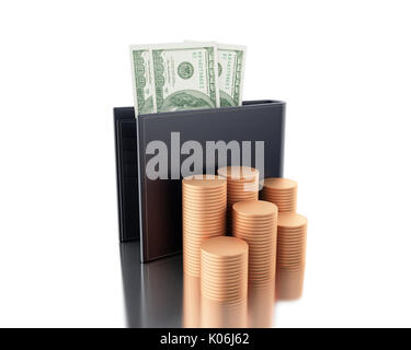3d illustration. Dollars in leather wallet with stacks of coins. Concept of payment. Isolated white background Stock Photo