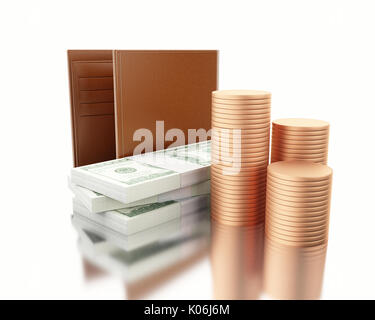 3d illustration. Leather wallet with stack of bills and coins. Concept of payment. Isolated white background Stock Photo