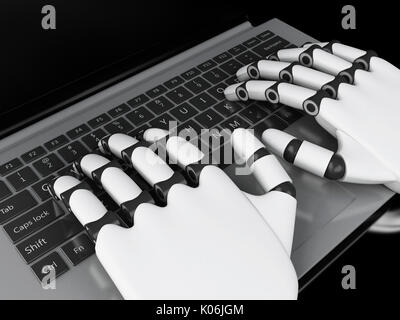 3d illustration. Robotic hands typing on a notebook keyboard. Technology concept.