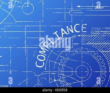 Compliance word with gear wheels on blueprint machine background illustration Stock Vector