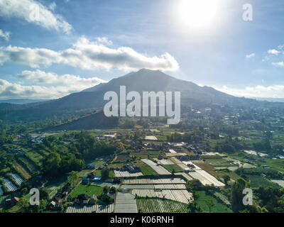 Aerial view of Mount Batur from the village of Kintamani in Bali, Indoneisa. Stock Photo