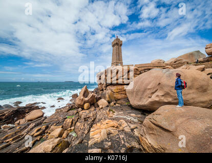 France, Brittany, Cotes d'Armor department, Cote de Granit Rose, Ploumanac'h lighthouse at the Sentier des Douaniers (old customs officers Path) Stock Photo