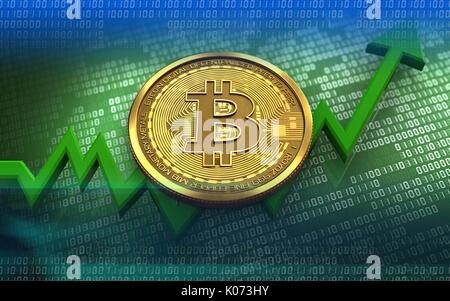 3d illustration of bitcoin over green binary background with Stock Photo