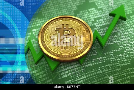 3d illustration of bitcoin over green binary background with Stock Photo