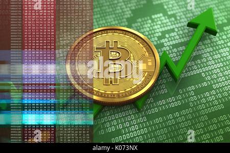 3d illustration of bitcoin over green binary background with Stock Photo