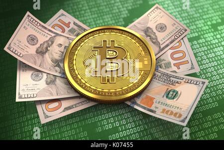 3d illustration of bitcoin over green binary background with banknotes Stock Photo