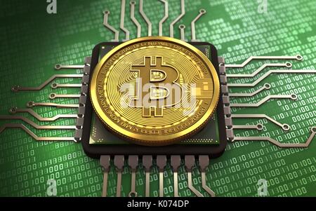 3d illustration of bitcoin over green binary background with CPU Stock Photo