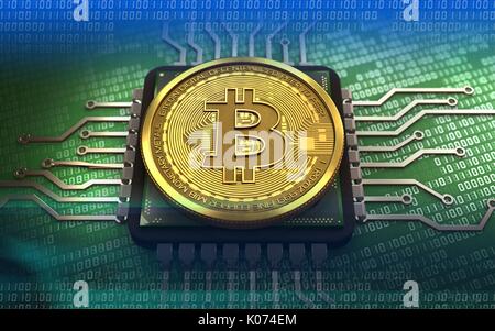 3d illustration of bitcoin over green binary background with CPU Stock Photo