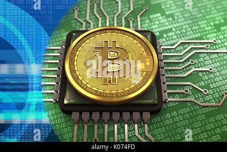 3d illustration of bitcoin over green binary background with CPU Stock Photo