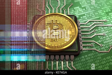 3d illustration of bitcoin over green binary background with CPU Stock Photo