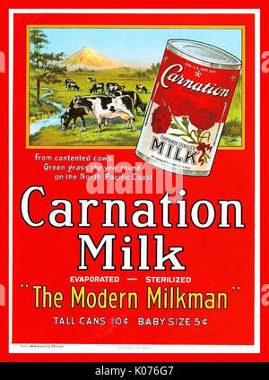 1950's Vintage Food Advertising Poster Art for Carnation Milk showing a halcyon scene of cows grazing by a stream with mountain behind Stock Photo