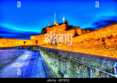 City of Edinburgh, Scotland. Picturesque night view of the main entrance and esplanade of Edinburgh Castle. Stock Photo