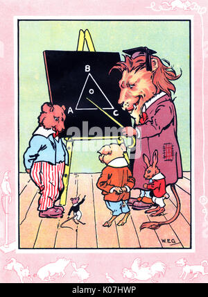 Lion teaches geometry to bear, mouse, pig and rabbit Stock Photo