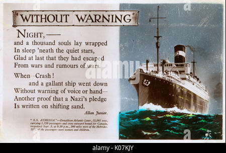 Propaganda Poem by Allan Junior mourning the sinking of the SS Athenia on 3rd September 1939 by German u-boat U-30 and damning the attack on a non-military target.     Date: 1939 Stock Photo