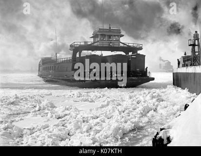 Car ferry, Michigan Central, entering slip, Detroit River, M Stock Photo