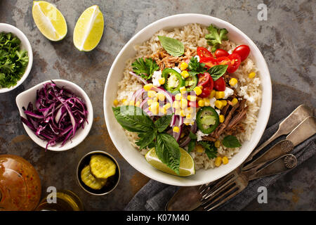 Dinner bowl with rice and pulled pork Stock Photo