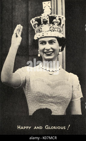 Coronation of Queen Elizabeth II - Waving to the crowds from the balcony of Buckingham Palace on 2nd June 1953. Happy and Glorious!     Date: 1953 Stock Photo