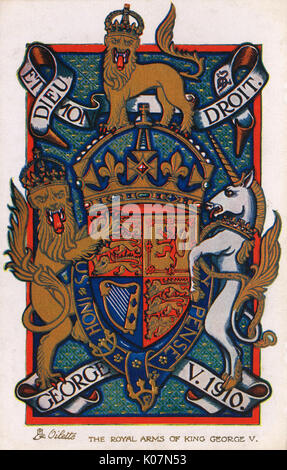 The Royal Coat of Arms of King George V. Arms: Quarterly, first and fourth, gules three lions passant guardant in pale or, (England); second or, a lion rampant within a tressure flory counter-flory, gules (Scotland); third azure a harp or, strings argent (Ireland). Shield: surrounded with the garter, with the motto ';Honi soit qui mal y pense.'; Crest: A lion statant guardant crowned, or. Supporters: Dexter, a lion guardant crowned, or: sinister, a unicorn argent , horned, mained, ungled and tufted or, gorged with a coronet and chained also, or. Motto: Dieu et mon droit.     Date: circ Stock Photo