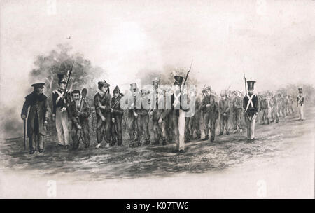 Port Arthur - Tasmanian convicts sentenced to hard labour - marching as a work party under military guard. Port Arthur is a small town and former convict settlement on the Tasman Peninsula, in Tasmania, Australia. Over a period of some 41 years more than 74,000 convicts were transported to Tasmania.     Date: circa 1820s Stock Photo