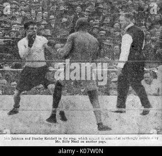 Jack Johnson (1878-1946), nicknamed the Galveston Giant, African-American world heavyweight champion boxer, 1908-1915, in the world heavyweight title match (in California) with Stanley Ketchel (Stanislaw Kiecal, 1886-1910), Polish-American middleweight boxer, nicknamed the Michigan Assassin.     Date: 1909