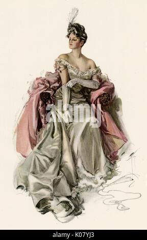 Woman wearing a elegant white off shoulder evening dress with white long gloves.     Date: 1907 Stock Photo