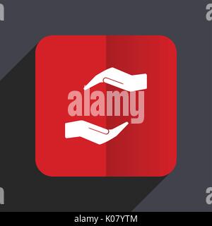 Human care hand flat design web vector icon. Red square sign on gray background in eps 10. Stock Vector