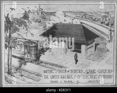 Sketch by architect Edward L Palmer Jr of a waiting station with a hip roof in front two sets of train tracks, one of which carries a train, at Bedford Square in the Guilford neighborhood of Baltimore, Maryland, 1910. This image is from a series documenting the construction and sale of homes in the Roland Park/Guilford neighborhood of Baltimore, a streetcar suburb and one of the first planned communities in the United States. Stock Photo