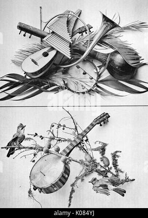 Festoons and decorative groups by Martin Gerlach, two images on top of each other, top image includes two banjos, a pan flute, a tambourine, a french horn and palm tree leaves, bottom image includes one banjo with two small birds, pine branches with pine cones, 1900. Stock Photo