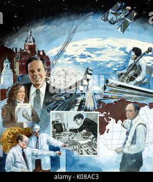 'Portrait of a Decade, ' a painting by artist Larry Dodd Wheeler, depicting various university subjects, such as the Hubble Space Telescope (upper right), portrait of the President of the university Steven Muller (left, smiling and wearing suit), microbiologists and 1978 Nobel Prize Winners Hamilton Othanel Smith and Daniel Nathans (bottom left), 1982. Stock Photo