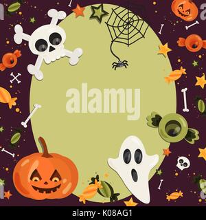 Halloween cartoon art in flat style. Green background, frame with cute ghost, pumpkin, eye, bone, skull, sweet for text and design. Vector illustration Stock Vector