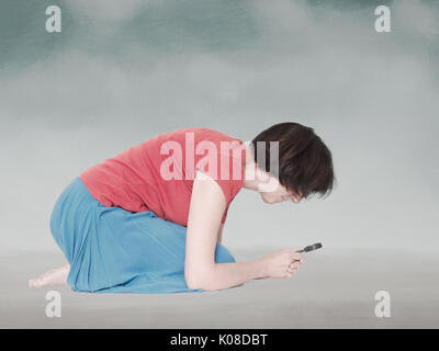 Mature lady looking through magnifying glass. Stock Photo