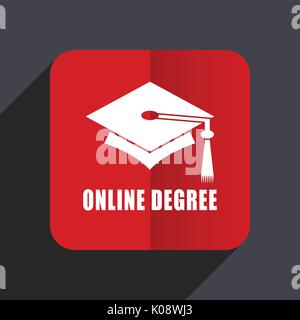 Online degree flat design web vector icon. Red square sign on gray background in eps 10. Stock Vector