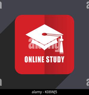 Online, study flat design web vector icon. Red square sign on gray background in eps 10. Stock Vector
