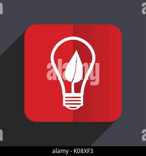 Green energy light bulb flat design web vector icon. Red square sign on gray background in eps 10. Stock Vector