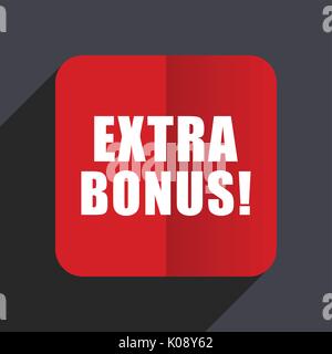 Extra bonus flat design web vector icon. Red square sign on gray background in eps 10. Stock Vector