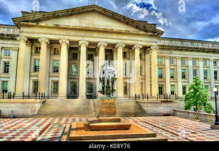 Statue of Albert Gallatin in front of US Treasury Department building in Washington, DC Stock Photo