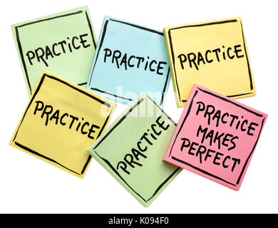 practice makes perfect concept - colorful sticky notes with black ink handwriting isolated on white Stock Photo